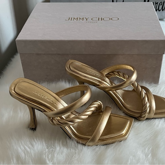 NWT  Jimmy Choo Diosa Gold Metallic Three Band Stiletto Heel Sandals - Picture 8 of 11